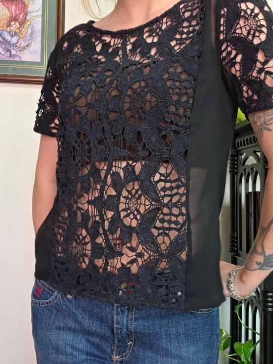 American Eagle Outfitters Tops - American Eagle Outfitters Black Crochet Lace Short-Sleeve Boho Blouse Size S